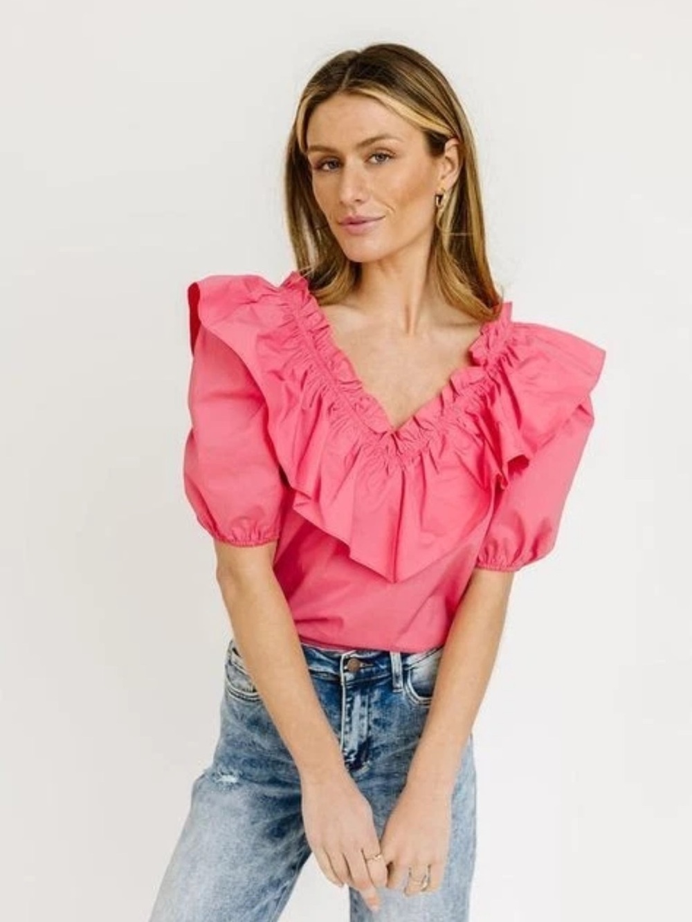 English Factory Tuckernuck Ruffle Puff Sleeve Top Coral Pink Poplin Cotton Sz S